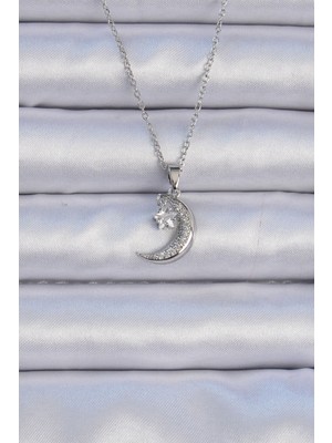 Ayder Timya 316L Çelik Zincir Gümüş Renk Zirkon Taşlı Sallantılı Ay Yıldız Kolye - TJ-BKO9062 TG/TMYA1395 217733