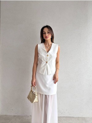 Klex Kadın Iki Parça Takım – Yelek, Mini Şifon Uzun Etek Kombin | Siyah – Sarı – Beyaz