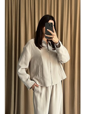 Klex Kadın Fermuarlı Ceket ve Bağcıklı Geniş Paça Pantolon Ikili Takım Günlük Kombin-Beyaz - L