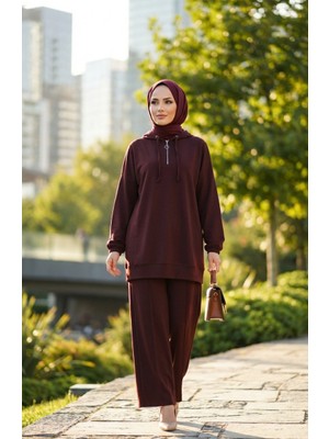 Oysho Kumaş Kapüşonlu Tunik Pantolon Ikili Takım 0236-04 Kahverengi