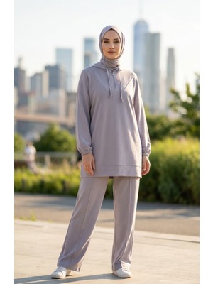 Oysho Kumaş Kapüşonlu Tunik Pantolon Ikili Takım 0236-05 Gri