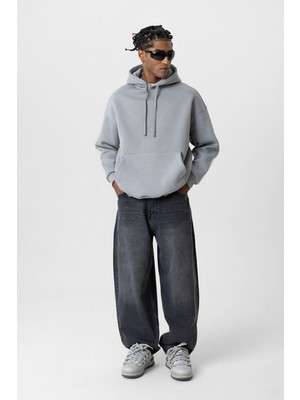Vamos Basıc Oversize Kapüşonlu Cep Detaylı Sweatshirt Buz Gri