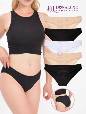 Donaluxe Kadın Slip Külot, Siyah Beyaz Ten Renk Bikini Külot, Pamuklu Yumuşak Kumaş 5'li Paket Bikini Külot