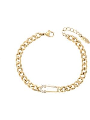 SERENES Zirkon Taşlı Modern Kilit Formlu 14 Ayar Altın Kaplama Kadın Bileklik