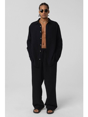 Vamos Baggy Fit Müslin Keten Pantolon Siyah