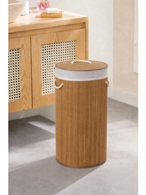 Mubx Bambu Kirli Çamaşır Sepeti Yuvarlak Büyük Boy Kirli Sepeti Katlanır Silindir