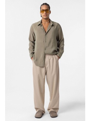 Vamos Baggy Fit Pileli Kumaş Pantolon Taş