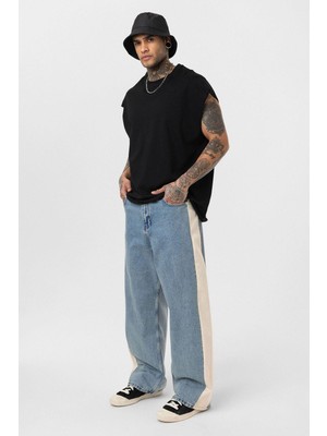 Vamos Yan Şeritli Baggy Fit Jean Açık Mavi Melanj