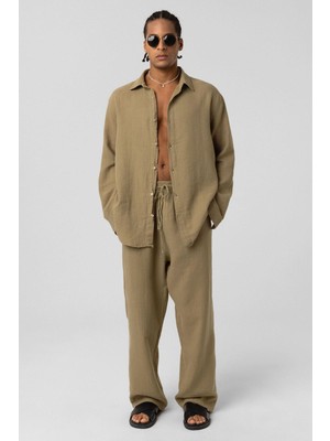 Vamos Baggy Fit Müslin Keten Pantolon Haki