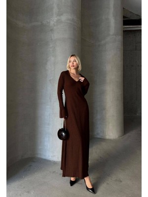 Trendparis V Yaka Uzun Kollu Fitilli Triko Elbise