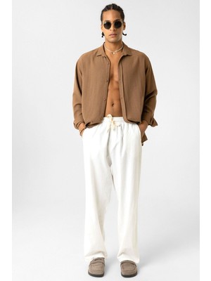 Vamos Bel Lastikli Baggy Fit Keten Pantolon Ekru
