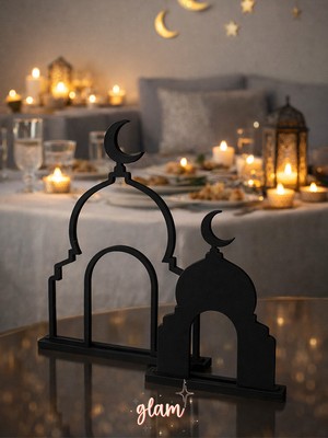 Glam Dekorasyon Siyah Ramazan Camii Dekoratif 2’li Set Hediyelik Islami Dekorasyon Masa Sofra Süsü Ramazan Bayramı