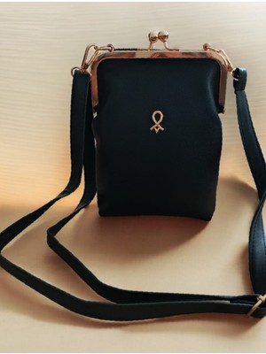 Alice Çanta Kadın 3 Bölmeli Siyah Gold Klipsli Telefon Çanta Fonksiyonel Omuz Çanta