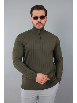 Masso Erkek Dik Yaka Uzun Kol Yarım Fermuar Kendinden Desenli Triko