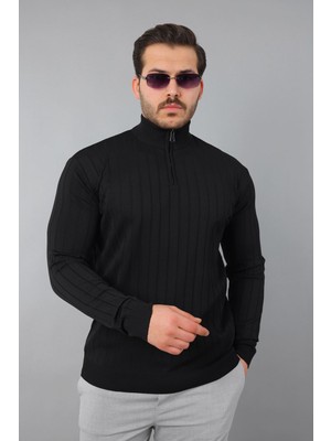 Masso Erkek Dik Yaka Uzun Kol Yarım Fermuar Kendinden Desenli Triko