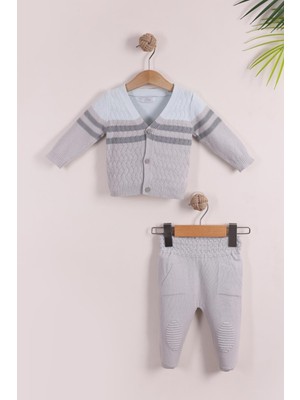 Kidello Mavi Erkek Bebek Pamuklu Triko Yelek Takım | Düğmeli 2 Çizgi Örgü 0-3,3-6, 6-9 Ay