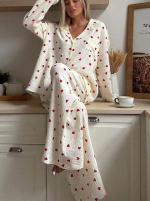 Çeyize Dair Herşey Kalp Desenli Fitilli Müslin Kumaş Cepli Pijama Takımı Kadım