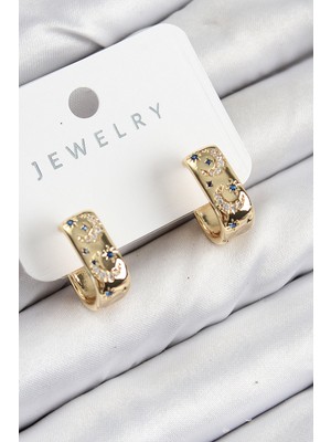 BT Teknik Pirinç Zirkon Taşlı Ay Desenli Model Gold Renk Kadın Küpe