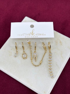 Calista Aksesuar Parlak Taş Detaylı Altılı Set Gold Küpe