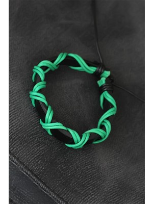BT Teknik Yeşil Ipli Siyah Renk Deri Erkek Bileklik