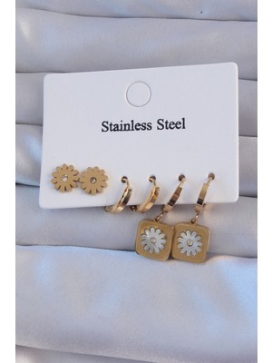 BT Teknik 316L Çelik Gold Renk Zirkon Taşlı Sedefli Papatya Model Halka Küpe Seti