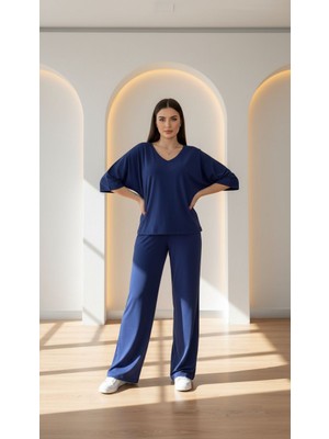 Bol Kesim V Yaka Yarım Kollu Pijama Takımı (Büyük Beden)