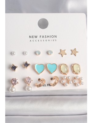 BT Teknik Pirinç Gold Renk Zirkon Taşlı Incili Çiçek Mavi Kalp Figür 9 Çift Kadın Küpe Seti