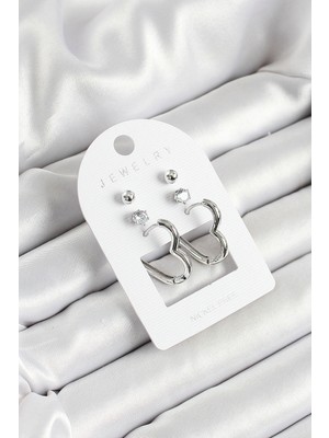 BT Teknik Pirinç Zirkon Taş ve Kalp Figürlü Gümüş Renk 3'lü Çift Kadın Küpe Set