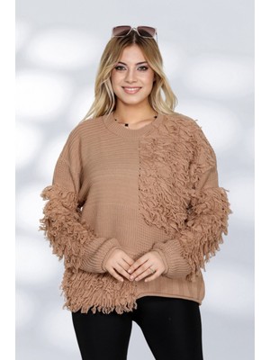 Newco Kadın Patchwork Tasarımlı Dokulu Triko Kazak - Oversize ve Rahat Formlu - Bej