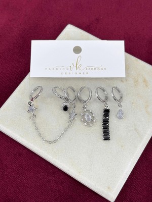 Calista Aksesuar Parlak Taş Detaylı Siyah Renkli Geometrik Altılı Set Silver Küpe