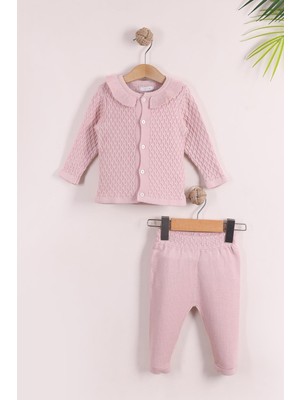 Kidello Gül Kurusu Pamuk Düğmeli Fırfırlı Yaka Kız Bebek Triko Takım – Petek Desenli 3-6 Ay 6-9 Ay 9-12 Ay