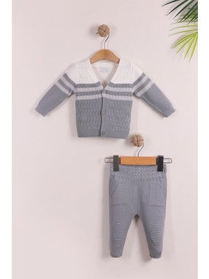 Kidello Ekru Erkek Bebek Pamuklu Triko Yelek Takım | Düğmeli 2 Çizgi Örgü 0-3,3-6, 6-9 Ay