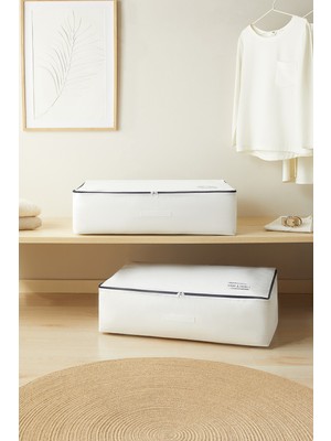 Ocean Home Textile 2'li Mega Boy Lacivert Fermuarlı Beyaz Renk Stuff & Things Baza Altı Hurç Set 74 x 46 x 22 cm