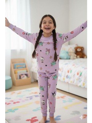 Alkın Kids 3-8 Yaş Kız Çocuk %100 Pamuklu Kuromi Desenli Uzun Kollu Pijama Takımı