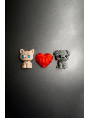 Alvina Atölye Örgü Desenli 3D Baskı Kedi & Köpek & Kalp Magnet Seti (3 Parça) - Dekoratif Duvar ve Buzdolabı Aksesuarı