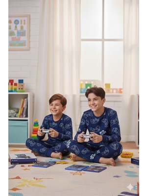 Alkın Kids 3-13 Yaş Erkek Çocuk %100 Pamuklu Atari Desenli Uzun Kollu Pijama Takımı