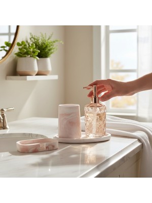 Odi Home 4 Lü Taş & Cam Banyo Seti Beyaz - Kahverengi Mermer Desenli 4'lü Sabunluk Seti 18 cm