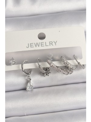 BT Teknik Pirinç Gümüş Renk Sallantı Zirkon Taşlı Halka Model Damla Taş Detay Kadın Küpe Seti