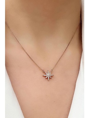 Zirkon Taş Detaylı 925AYAR Gümüş Üzerine Rose Altın Kaplama Kutup Yıldızı Figürlü Kolye