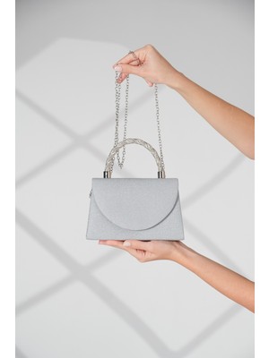 Roza Çanta Gümüş Simli Kadın Abiye Taş Detaylı Sap Zincir Askı Dügün Gece Çantası
