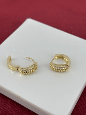 Calista Aksesuar 14K Altın Renkli Çizgili ve Taşlı Mini Gold Halka Küpe