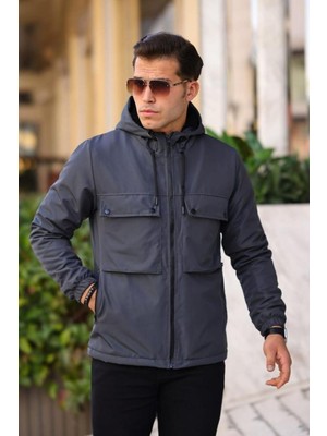 Comstar Erkek Kapüşonlu Suya Dayanıklı Kürklü Yağmurluk Cepli Modern Tasarım