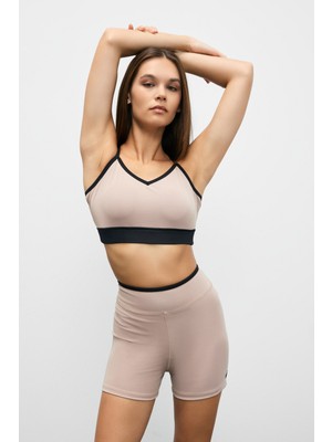 Urban Beat Sturban Kadın Esnek ve Yumuşak Dokulu Kontrast Kumaşlı Askılı Vizon Spor Sütyeni