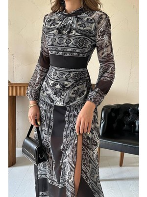 Modayız Kadın Siyah Uzun Kol Desenli Yırtmaçlı Şifon Astarlı Uzun Elbise 18A-7967