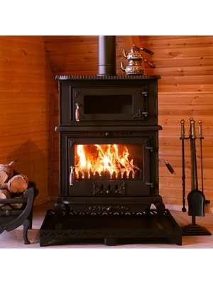 Safir Fırınlı Döküm Soba - %100 Döküm, Ahşap Kulp, Yan Camlı Döküm Soba