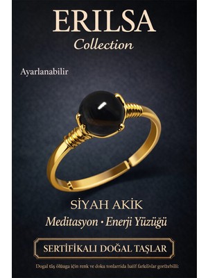 Erilsa Sertifikalı Negatif Enerji Koruma Yüzüğü – Siyah Akik Taşı Ayarlanabilir Gold Ince Akrep Oğlak Burcu