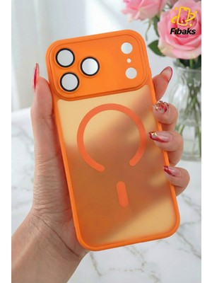 Fibaks iPhone 17 Pro Kılıf Kamera Lens Koruma Camlı Parmak Izi Yapmaz Mat Transparan Magsafe Destek Turuncu