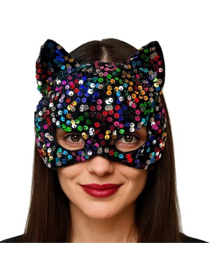 Siyah Kadife Kumaş Üzerine Rengarenk Payetli Pullu Parti Maskesi 16X14 cm