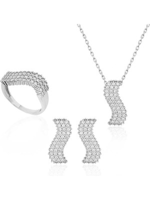 Gumush Gümüş Beyaz Taşlı Su Yolu Bayan Set