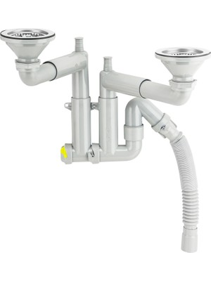 Akkon Premium Çöpmak Çift Gözlü Teleskopik Lavabo ve Evye Sifonu Gider Borusu Akordiyon Plastik | Geniş Kafa Paslanmaz